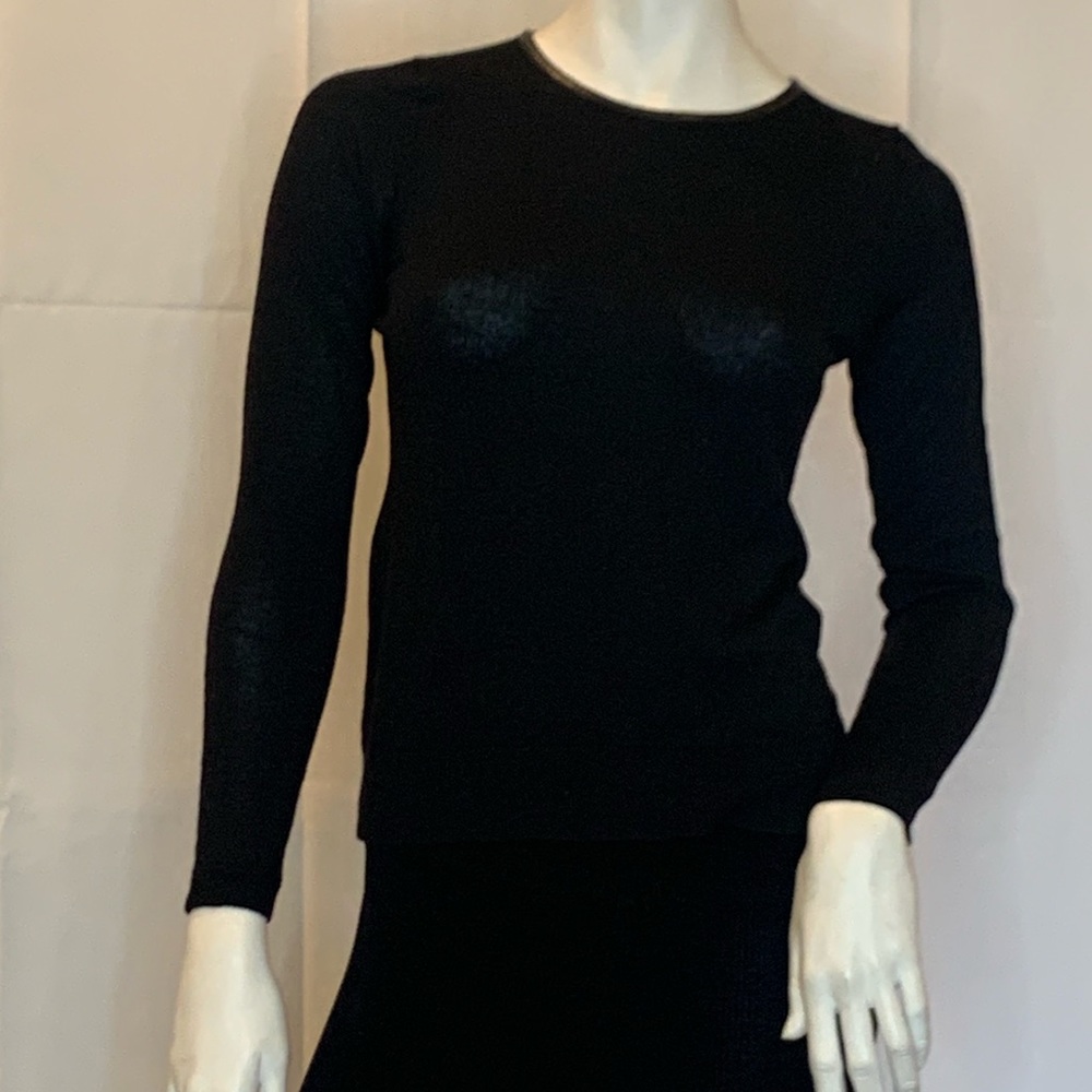 Black crew neck with leather trim wool sweater Sm